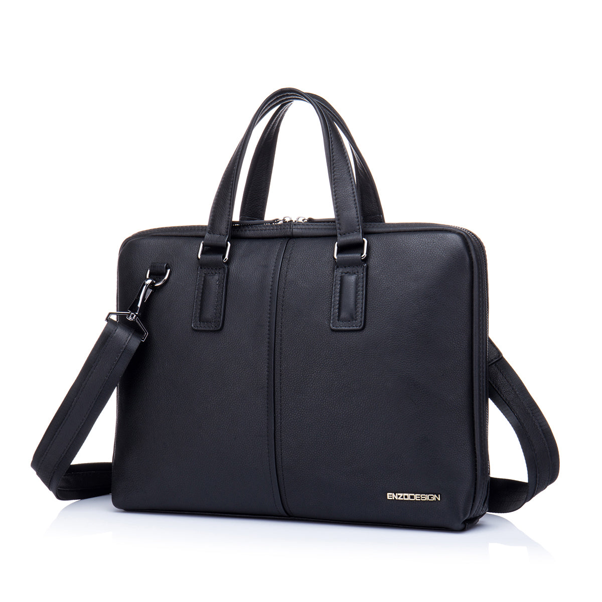 EnzoDesign Men's Urban Black Pebble Grained Leather 14" Laptop Soft Slim Brief