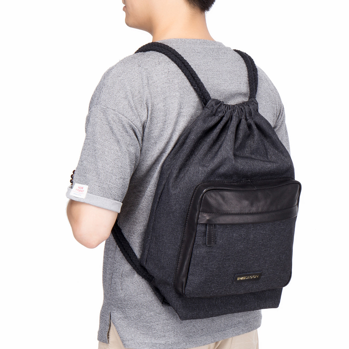 EnzoDesign Unisex Canvas Leather Drawstring Cinch Backpack