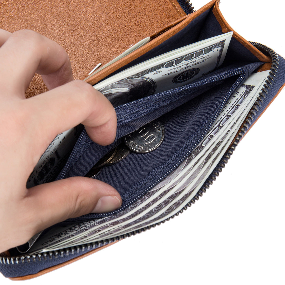 Tan Leather Zip Around Wallet