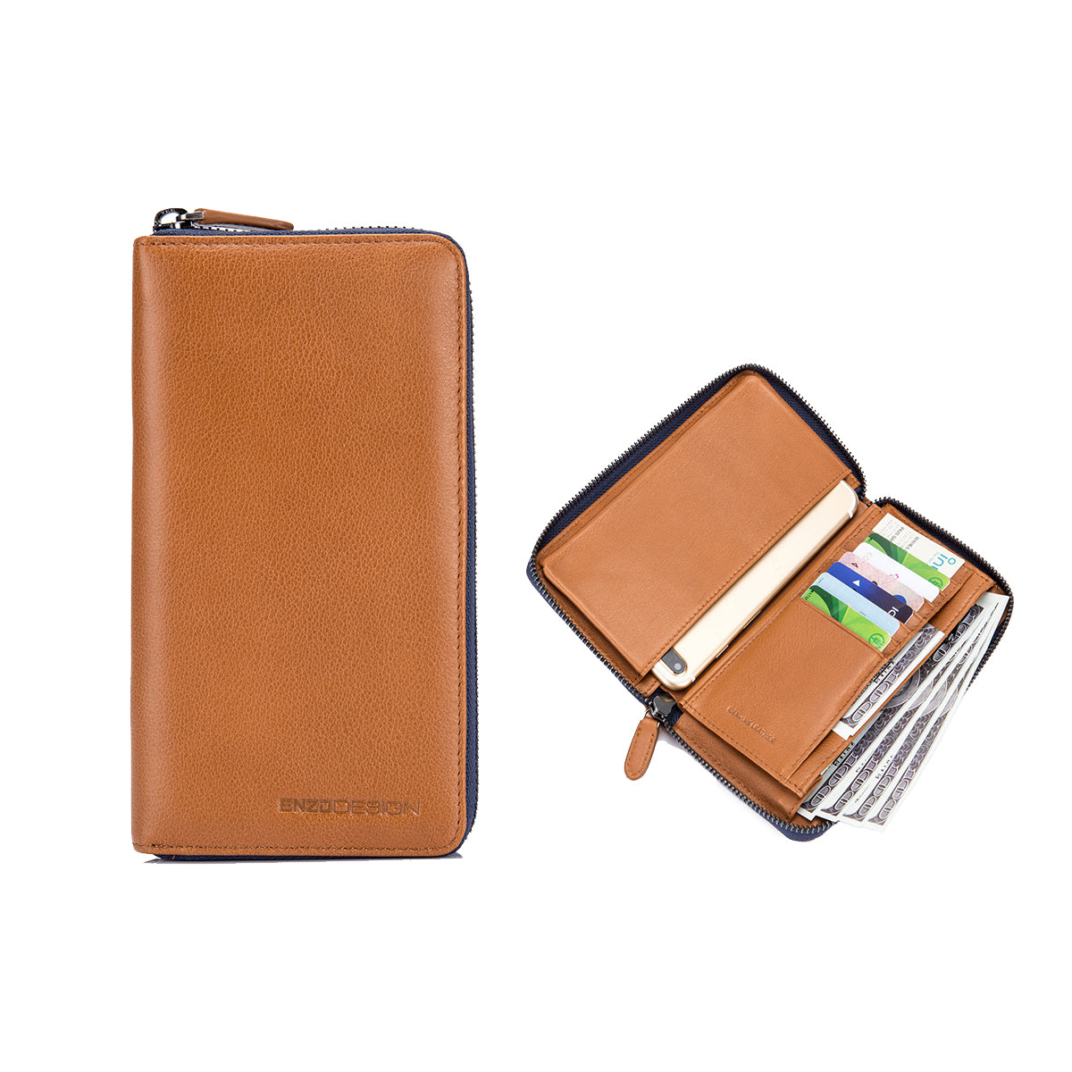 Tan Leather Zip Around Wallet